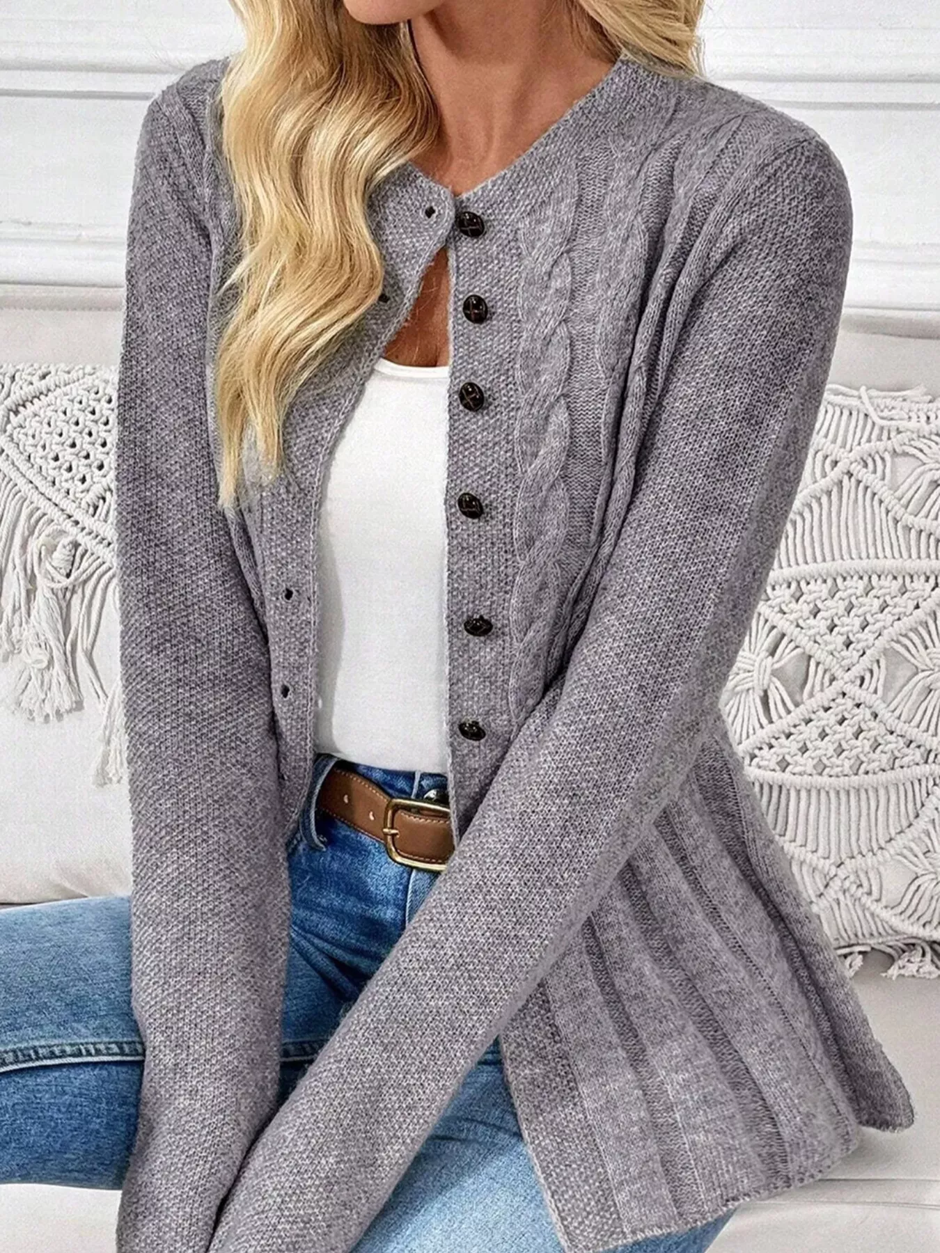 Cable-Knit Button-Down Cardigan - Image 3