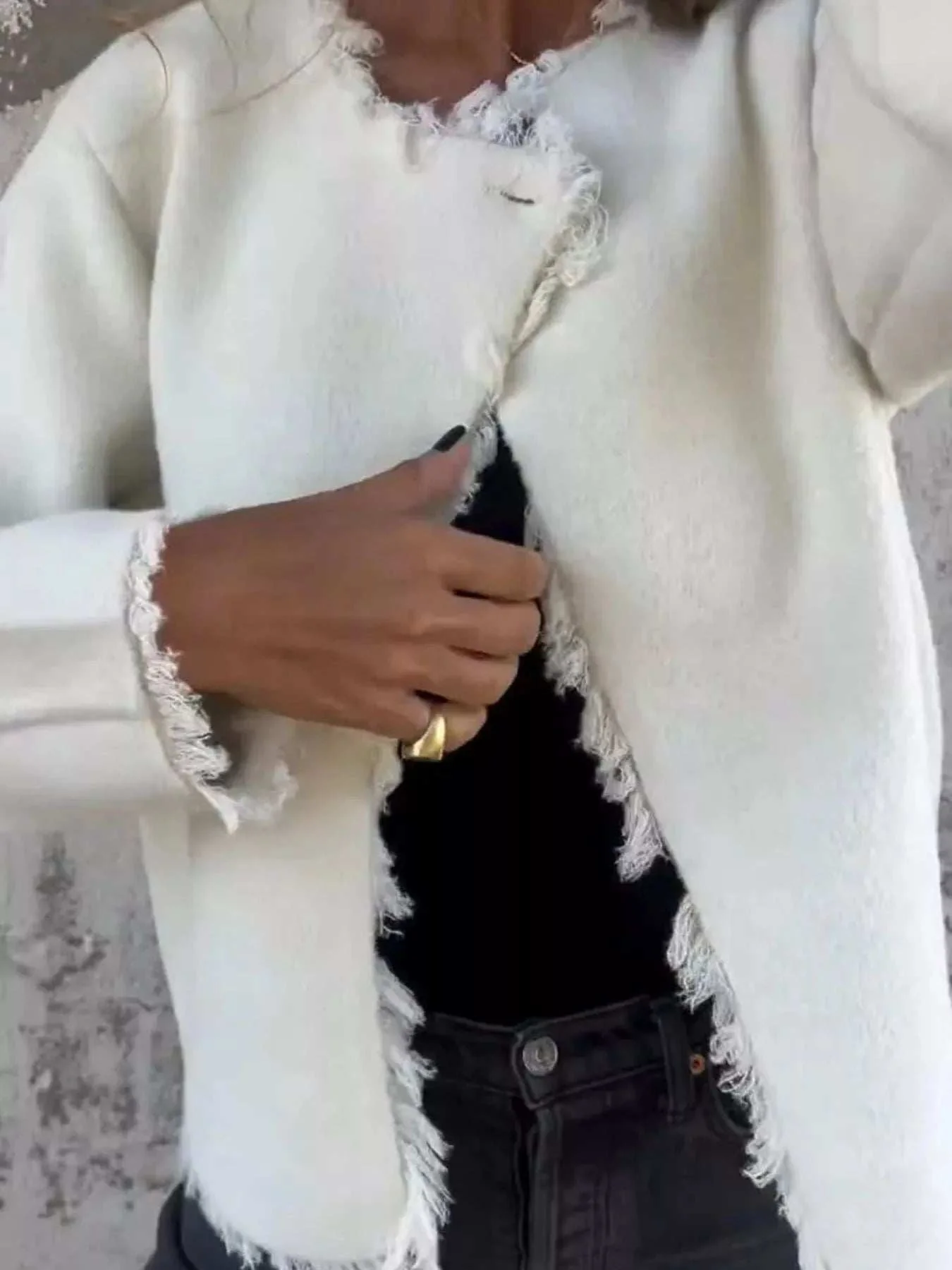 Full Size One Button Frayed Edge Cardigan Plus Size - Image 9