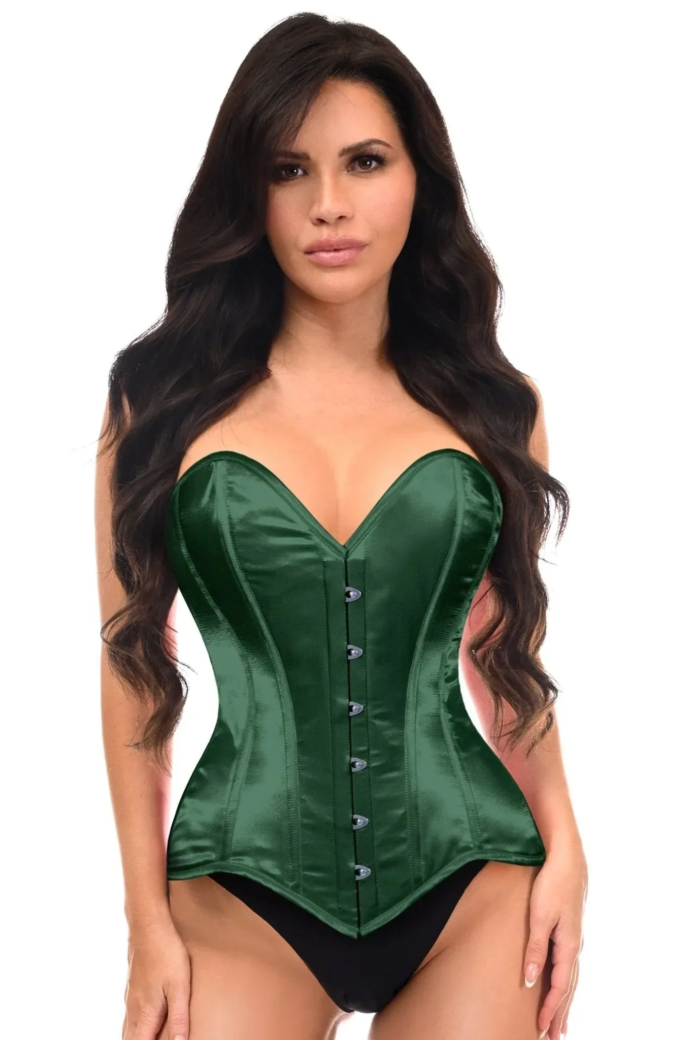 Lavish Dark Green Satin Overbust Corset Sweetheart Neckline Busk Closure - Image 3