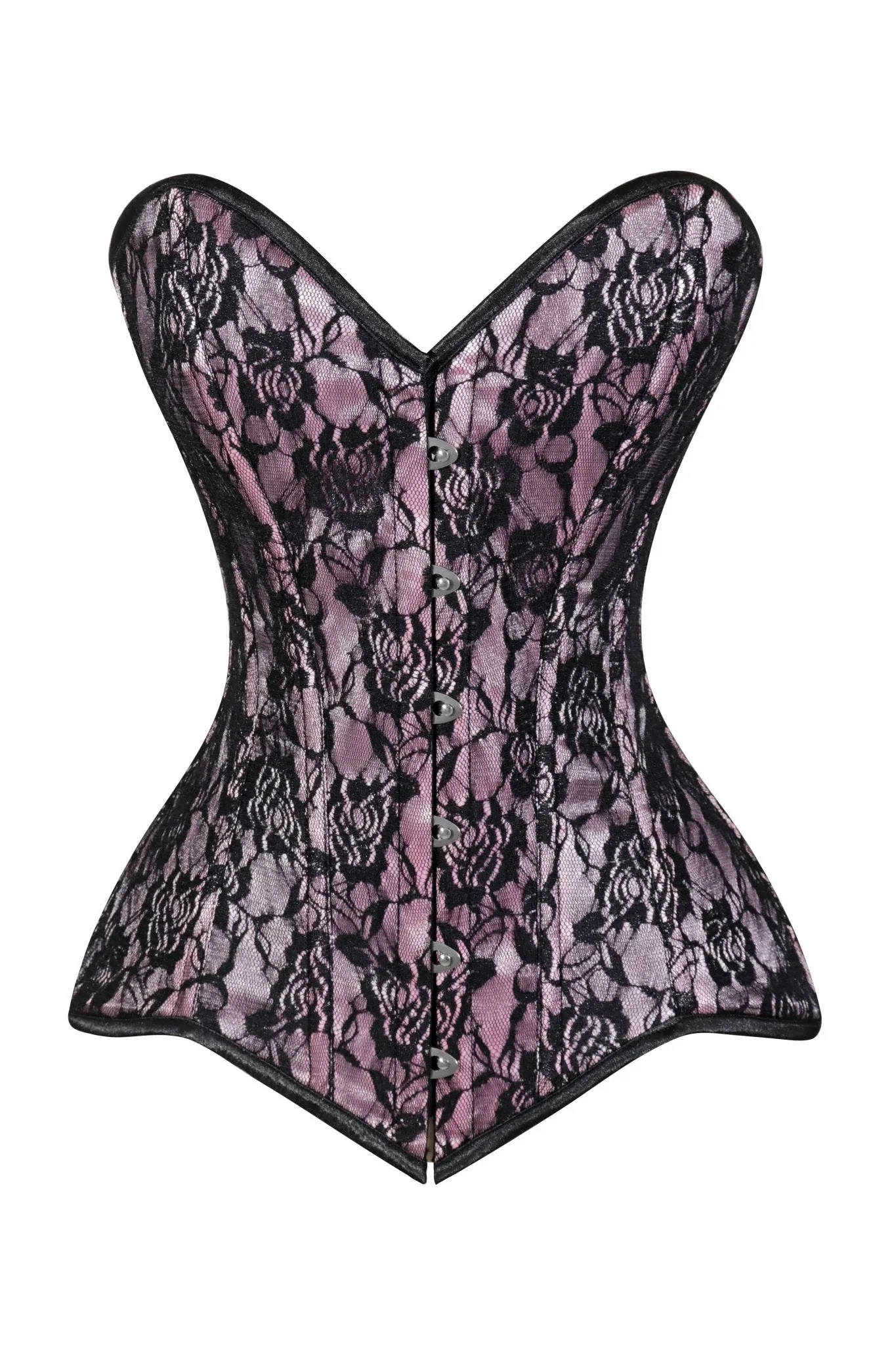 Lavish Pink/Black Lace Overbust Corset Sweetheart Neckline Busk Closure - Image 3