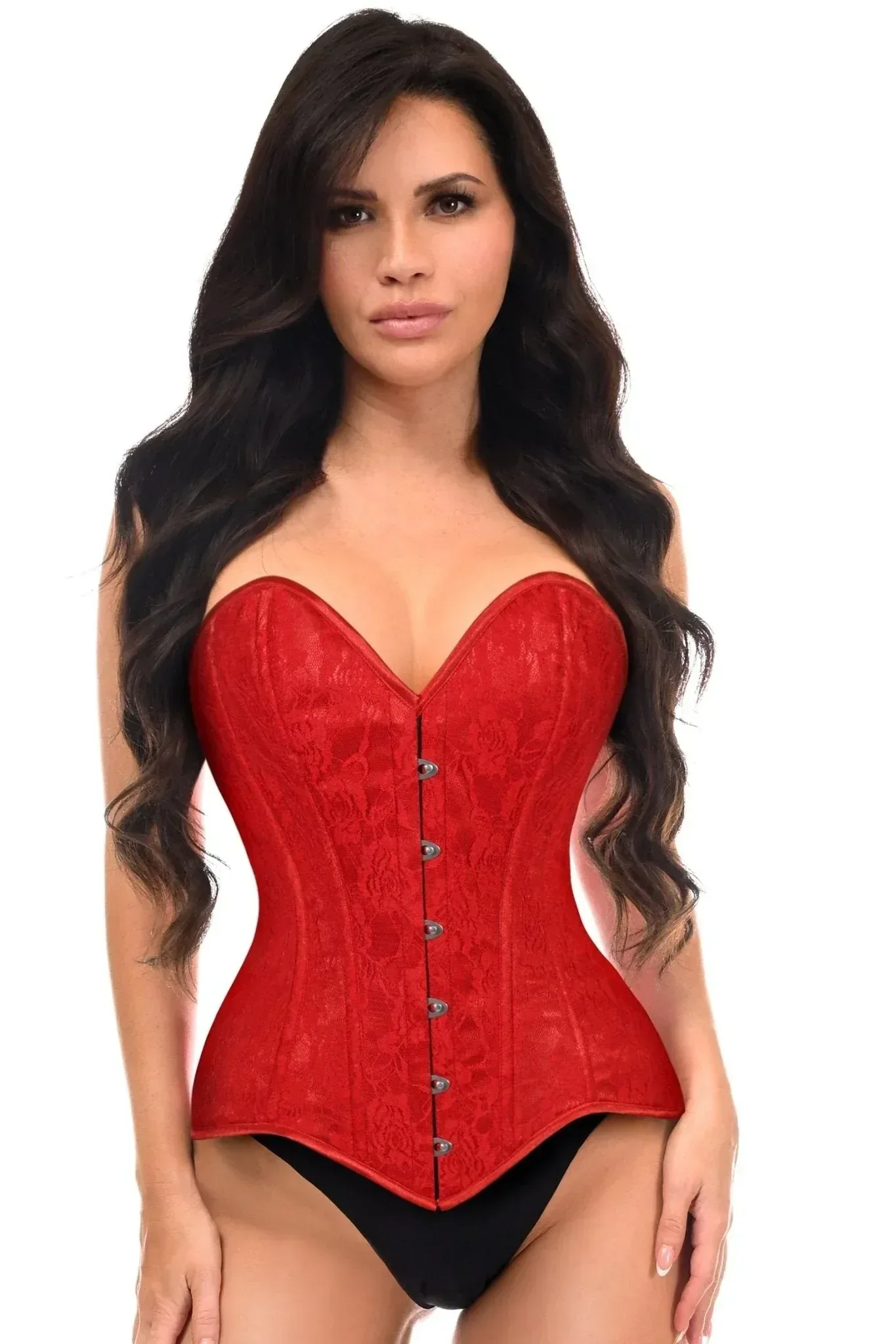 Lavish Red Lace Overbust Corset Sweetheart Neckline Busk Closure - Image 5