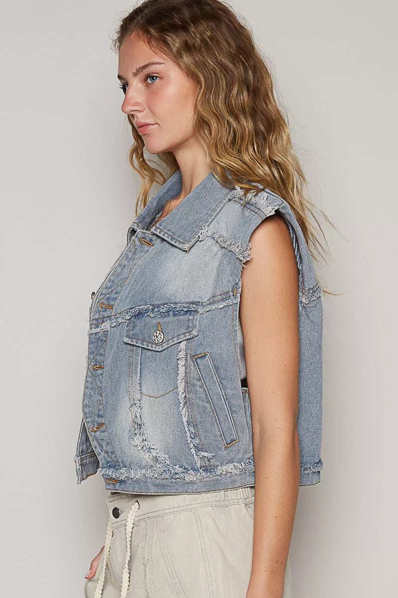 POL Assymetrical Front Closure Raw Hem Denim Vest - Image 5