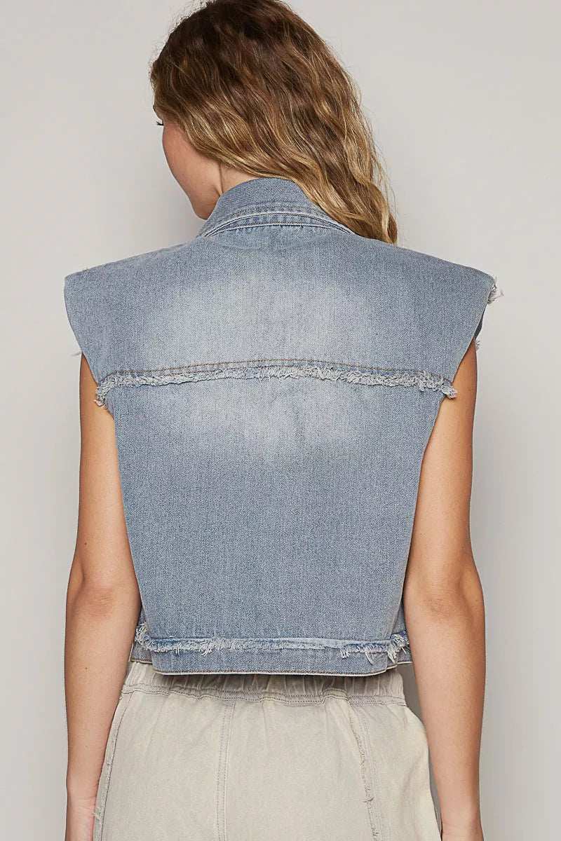 POL Assymetrical Front Closure Raw Hem Denim Vest - Image 6