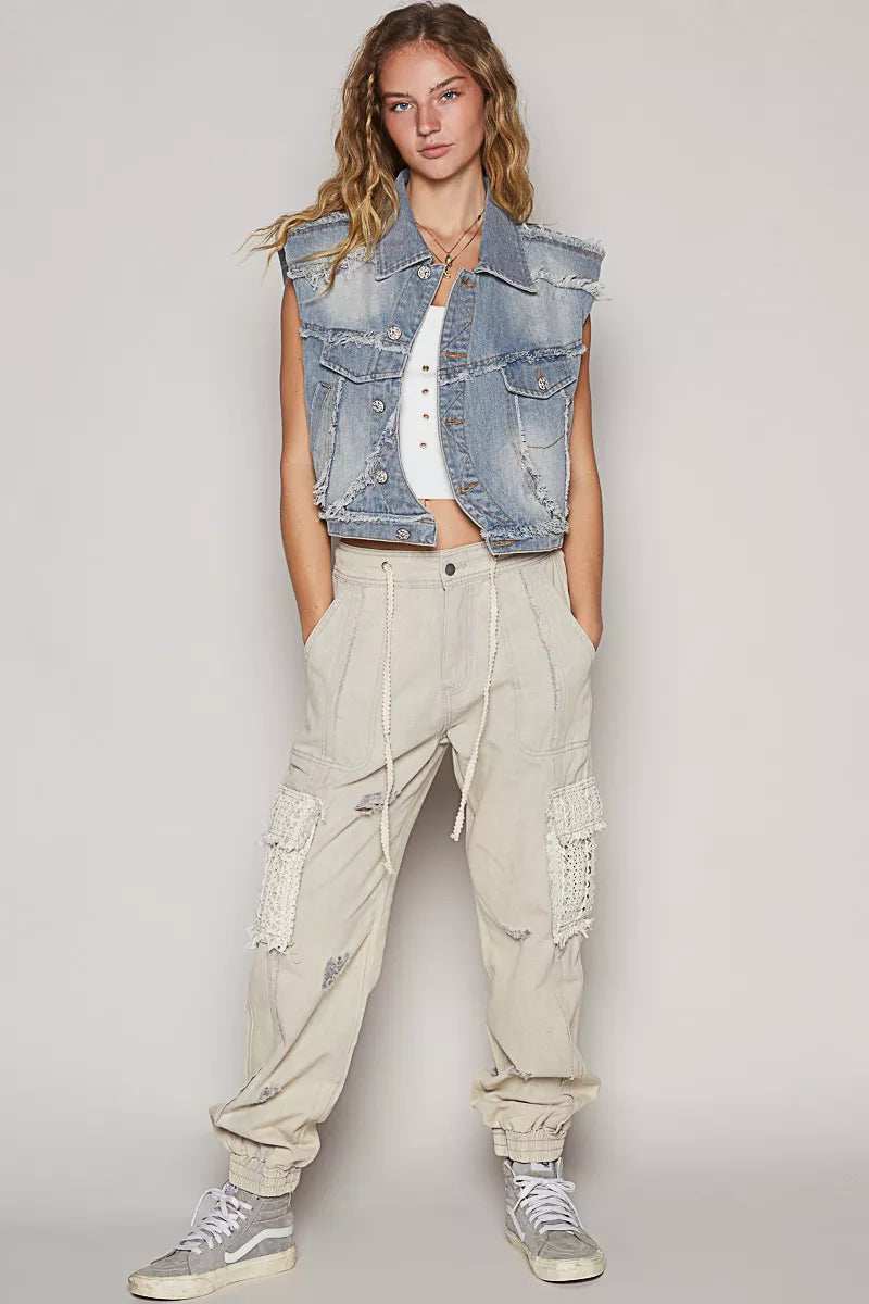 POL Assymetrical Front Closure Raw Hem Denim Vest - Image 7