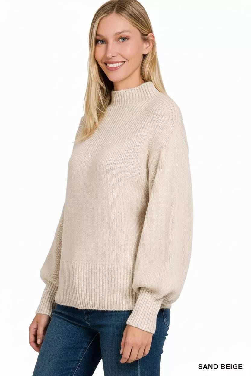 Zenana Balloon Sleeve Mock Neck Sweater - Image 3